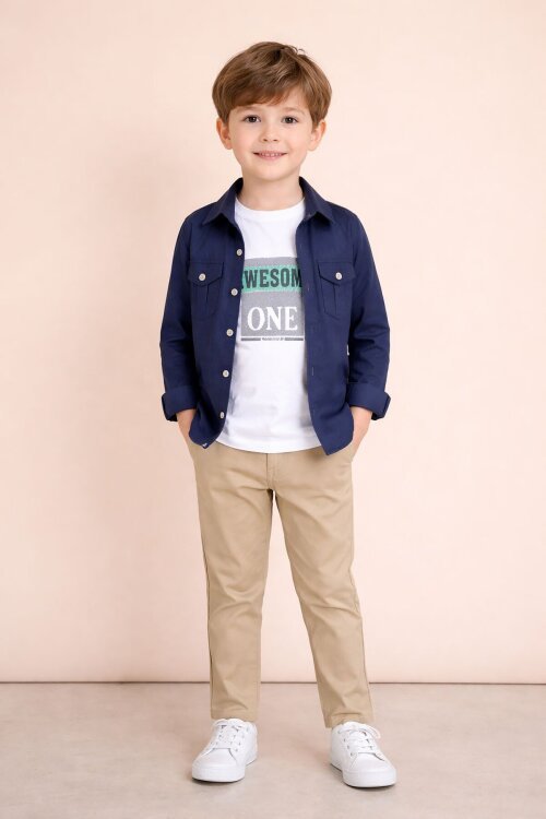 Lacivert Uzun Kol Düğmeli Gömlekli Tişörtlüi Erkek Çocuk 3lü Pantolonlu Takım  23757