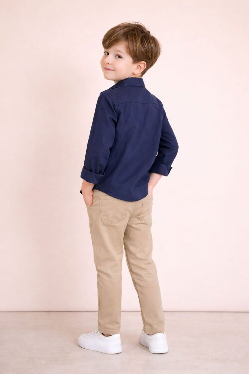 Lacivert Uzun Kol Düğmeli Gömlekli Tişörtlüi Erkek Çocuk 3lü Pantolonlu Takım  23757