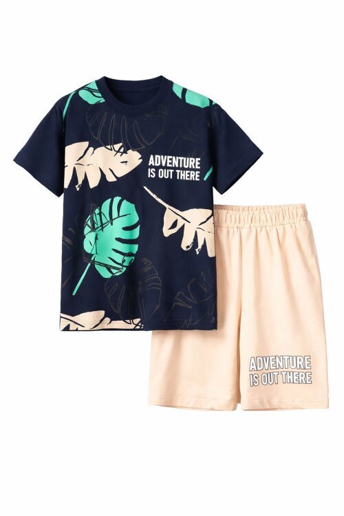 Lacivert  Yaprak Baskılı Bisiklet Yaka Erkek Çocuk 2li Şortlu Takım 21057
