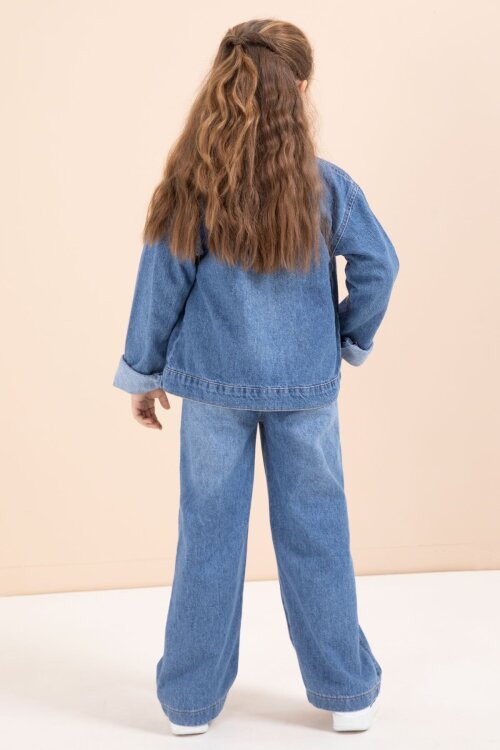 Lacivert Yıldız Nakışlı Ceketli  Kız Çocuk 3lü Jean Takım 23443