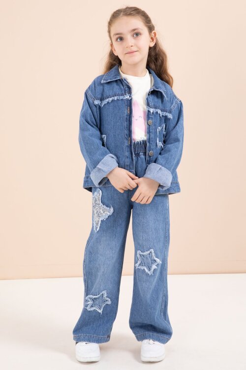 Lacivert Yıldız Nakışlı Ceketli  Kız Çocuk 3lü Jean Takım 23443