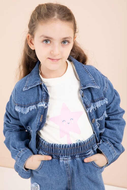 Lacivert Yıldız Nakışlı Ceketli  Kız Çocuk 3lü Jean Takım 23443