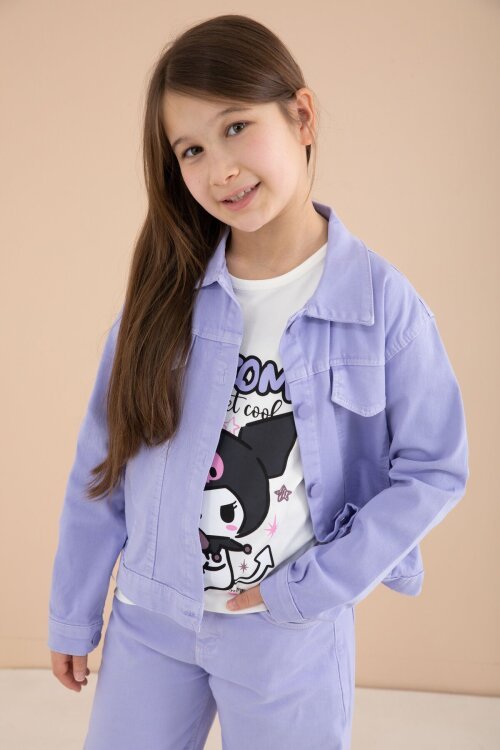 Lila Cep Detaylı Ceketli Baskılı Tişörtlü Kız Çocuk 3lü Pantolonlu Takım 23590