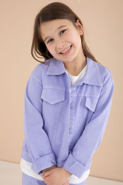 Lila Cep Detaylı Ceketli Baskılı Tişörtlü Kız Çocuk 3lü Pantolonlu Takım 23590