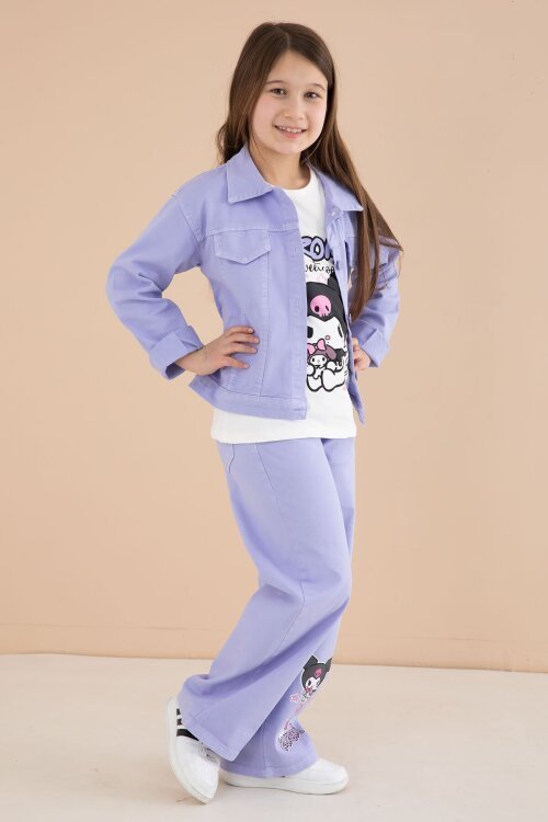 Lila Cep Detaylı Ceketli Baskılı Tişörtlü Kız Çocuk 3lü Pantolonlu Takım 23590