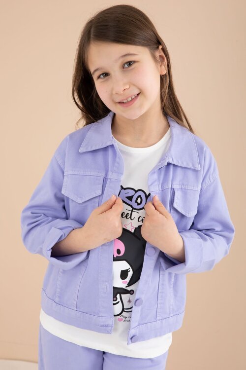 Lila Cep Detaylı Ceketli Baskılı Tişörtlü Kız Çocuk 3lü Pantolonlu Takım 23590