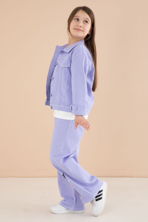 Lila Cep Detaylı Ceketli Baskılı Tişörtlü Kız Çocuk 3lü Pantolonlu Takım 23590