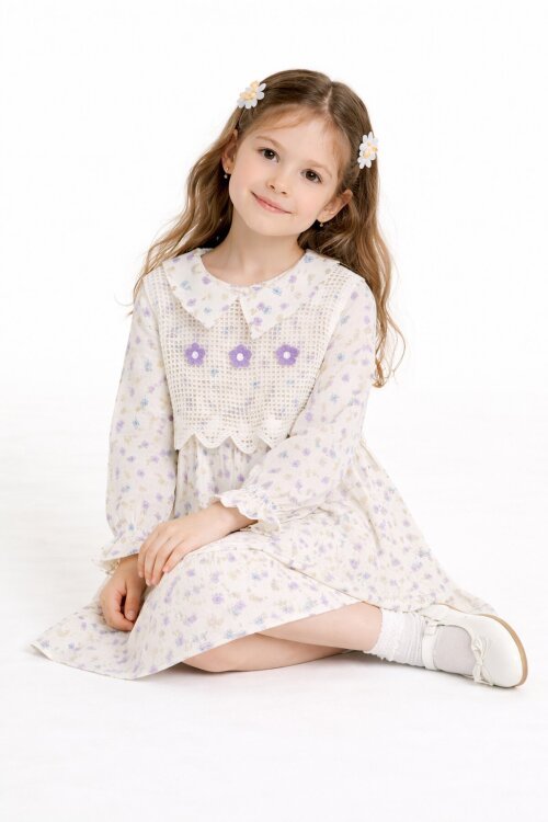 Lila Çiçek Desenli Nakışlı Süveterli Kız Çocuk Müslin Elbise  23579