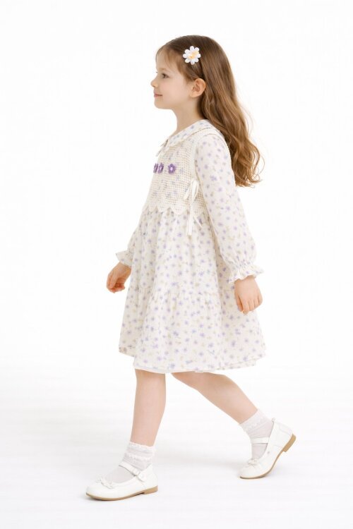 Lila Çiçek Desenli Nakışlı Süveterli Kız Çocuk Müslin Elbise  23579