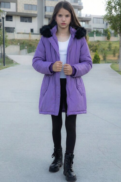Lila Çıtçıtlı Cepli Esnek Bel İçi Kürklü Kız Çocuk Kapüşonlu Mont 21310