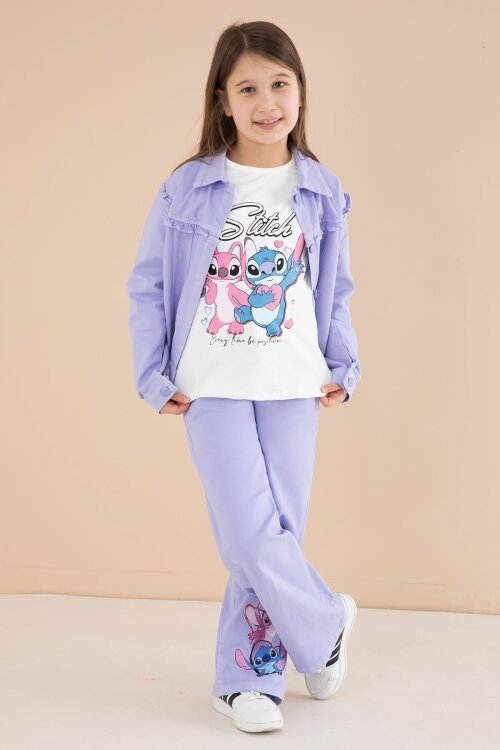 Lila Sevimli Karakter Baskılı Ceketli ve Pantolonlu 3lü Kız Çocuk Takım 23586