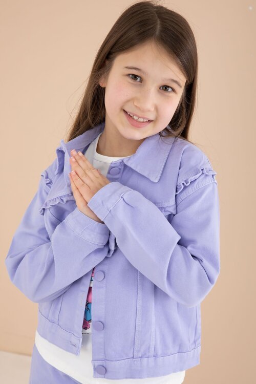 Lila Sevimli Karakter Baskılı Ceketli ve Pantolonlu 3lü Kız Çocuk Takım 23586