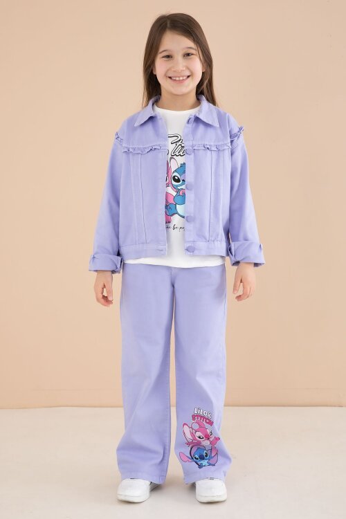 Lila Sevimli Karakter Baskılı Ceketli ve Pantolonlu 3lü Kız Çocuk Takım 23586