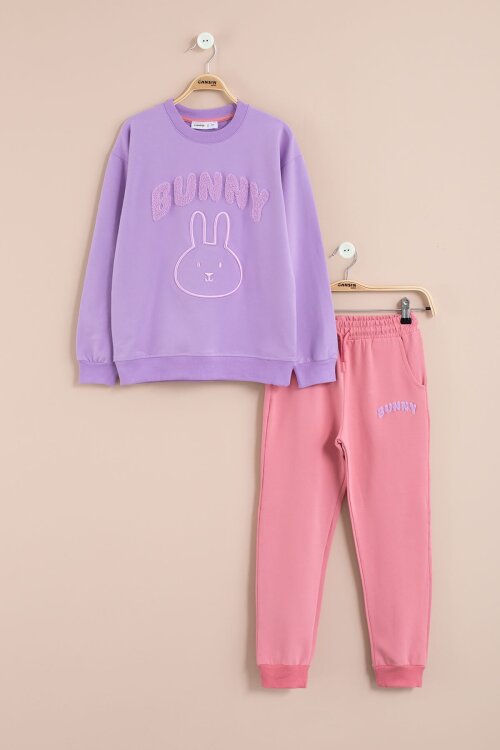 Lila Tavşan Nakışlı Bisiklet Yaka Kız Çocuk Eşofman Takımı 23392
