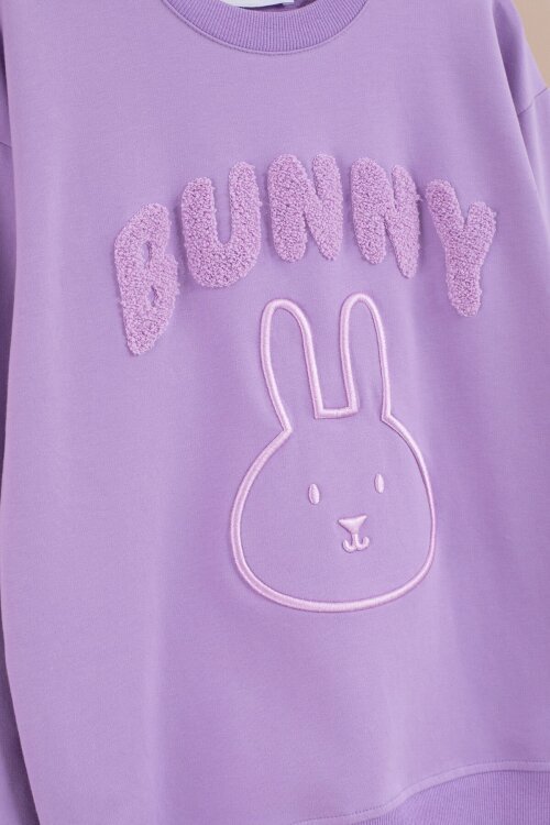 Lila Tavşan Nakışlı Bisiklet Yaka Kız Çocuk Eşofman Takımı 23392