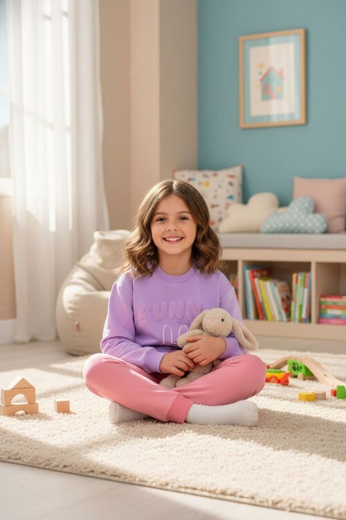 Lila Tavşan Nakışlı Bisiklet Yaka Kız Çocuk Eşofman Takımı 23392