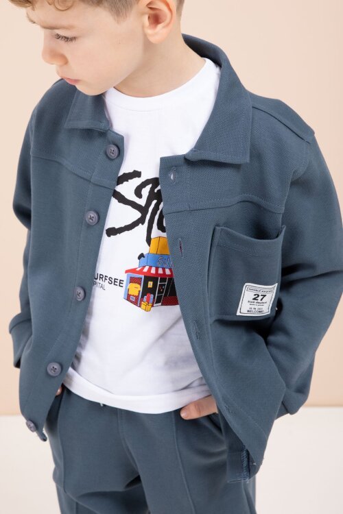 Mavi Arma Detaylı Gömlekli Duble Paça Pantolonlu Erkek Çocuk 3lü Takım 23620