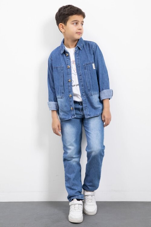 Mavi Armalı Jean Gömlekli Erkek Çocuk Pantolonlu 3lü Jean Takım  23469