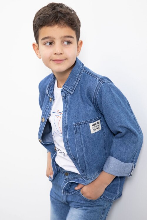 Mavi Armalı Jean Gömlekli Erkek Çocuk Pantolonlu 3lü Jean Takım  23469