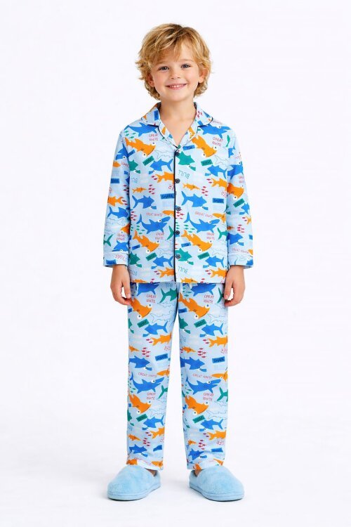 Mavi Balık Baskılı Düğmeli Erkek Çocuk Pijama Takımı 18672