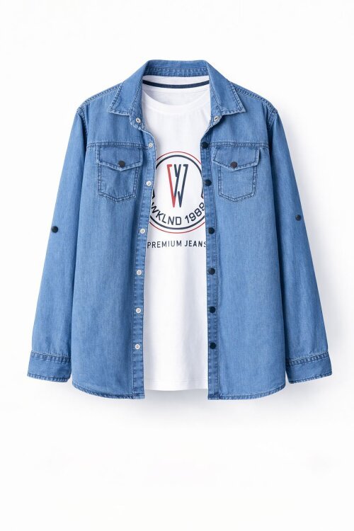 Mavi Bisiklet Yaka Tişörtlü Erkek Çocuk Göğüs Cepli Jean Gömlek 20080