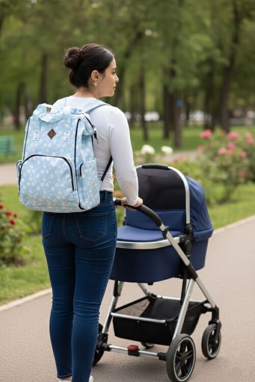 Mavi Çiçek Desenli Çok Fonksiyonlu Anne Bebek Bakım Çantası 19711