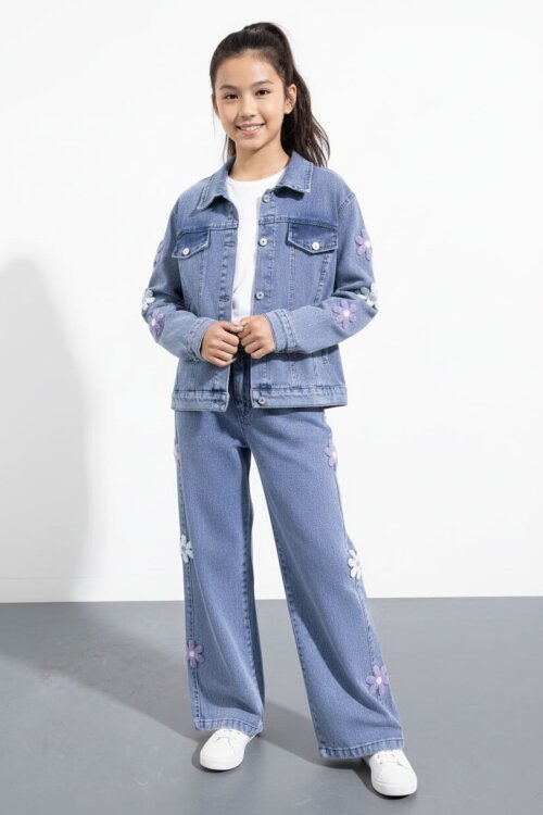 Mavi Çiçek Desenli Düğmeli Ceketli Pantolonlu Kız Çocuk Jean Takım 23485