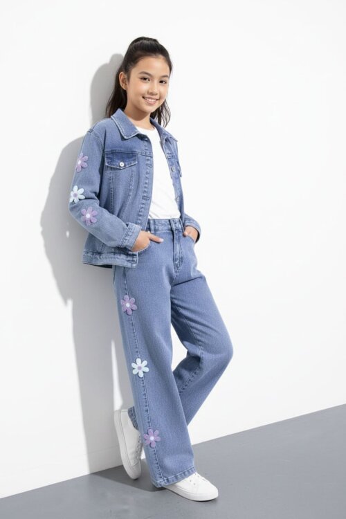 Mavi Çiçek Desenli Düğmeli Ceketli Pantolonlu Kız Çocuk Jean Takım 23485