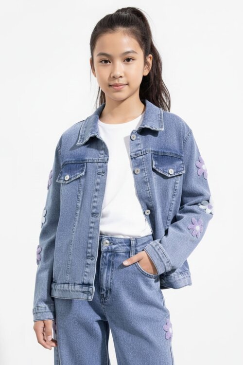 Mavi Çiçek Desenli Düğmeli Ceketli Pantolonlu Kız Çocuk Jean Takım 23485