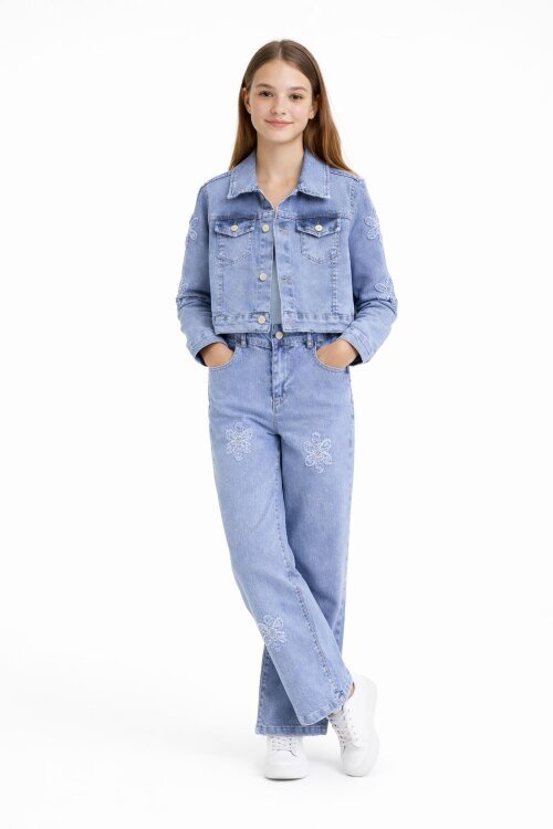 Mavi Çiçek Nakışlı Jean Ceket ve Pantolonlu Kız Çocuk 2li Takım 23737