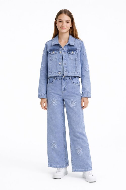 Mavi Çiçek Nakışlı Jean Ceket ve Pantolonlu Kız Çocuk 2li Takım 23737