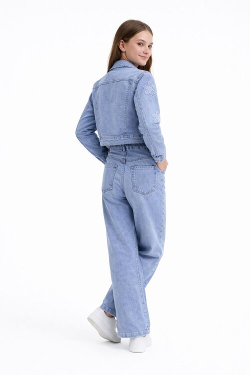 Mavi Çiçek Nakışlı Jean Ceket ve Pantolonlu Kız Çocuk 2li Takım 23737