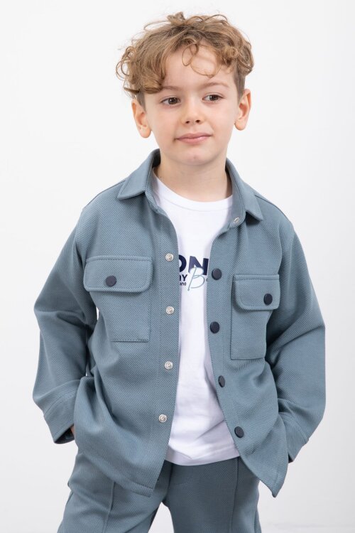 Mavi Çıtçıtlı Gömlekli Erkek Çocuk 3lü Tişörtlü Takım  23379