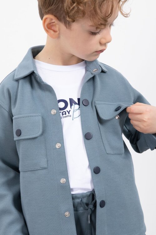 Mavi Çıtçıtlı Gömlekli Erkek Çocuk 3lü Tişörtlü Takım  23379