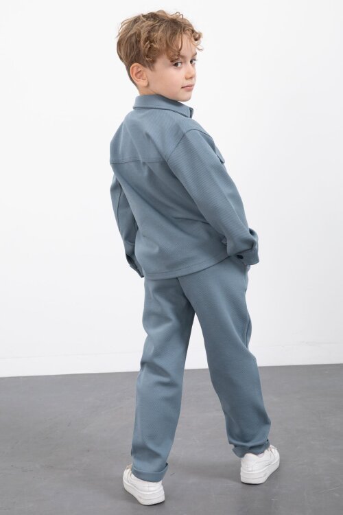 Mavi Çıtçıtlı Gömlekli Erkek Çocuk 3lü Tişörtlü Takım  23379