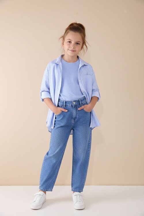 Mavi Çizgili Gömlekli Badili Kız Çocuk Pantolonlu 3lü Takım  23508