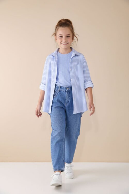 Mavi Çizgili Gömlekli Badili Kız Çocuk Pantolonlu 3lü Takım  23508