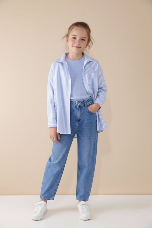 Mavi Çizgili Gömlekli Badili Kız Çocuk Pantolonlu 3lü Takım  23508