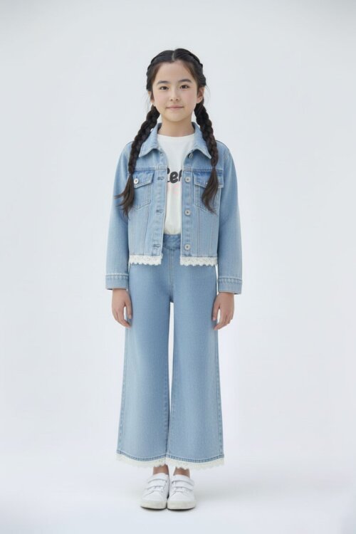 Mavi Dantel Detaylı Jean Ceketli ve Pantolonlu Kız Çocuk 3lü Takım 23499