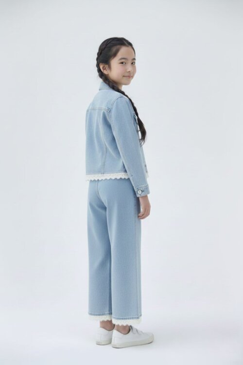 Mavi Dantel Detaylı Jean Ceketli ve Pantolonlu Kız Çocuk 3lü Takım 23499