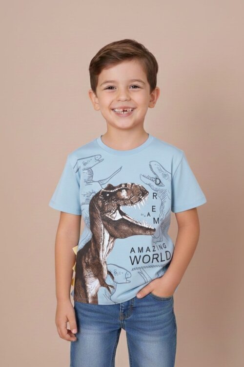 Mavi Dinozor Baskılı Bisiklet Yaka Erkek Bebek Tişört 20950