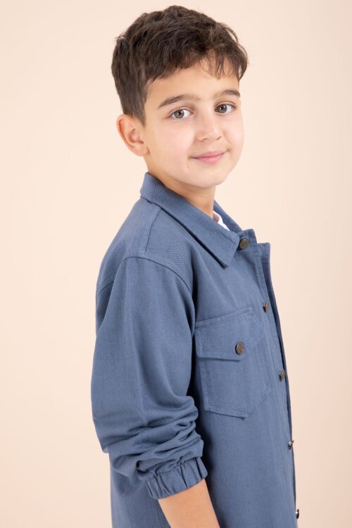 Mavi Düğmeli Cepli Gömlekli Jean Pantolonlu Erkek Çocuk 3lü Takım 23634
