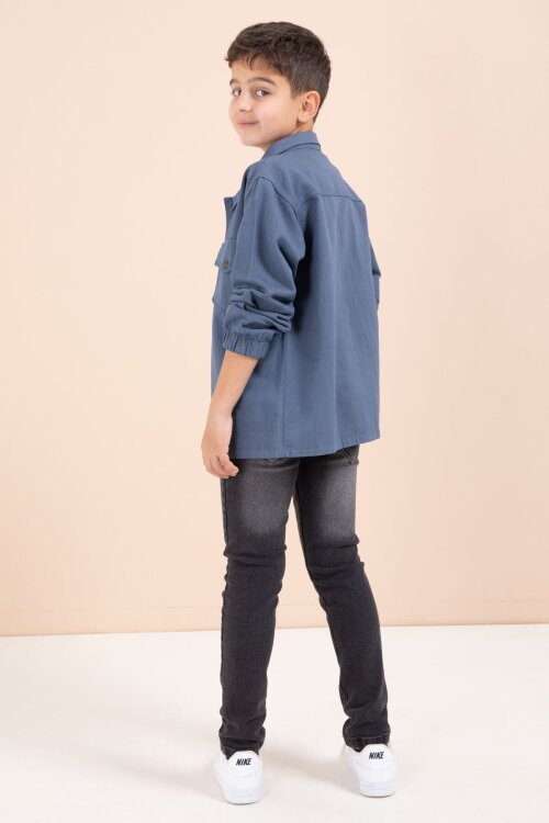 Mavi Düğmeli Cepli Gömlekli Jean Pantolonlu Erkek Çocuk 3lü Takım 23634