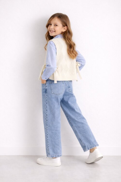 Mavi Düğmeli Gömlekli Jean Pantolonlu Kız Çocuk Triko Süveterli 3lü Takım 23534