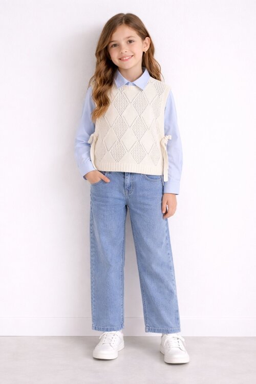 Mavi Düğmeli Gömlekli Jean Pantolonlu Kız Çocuk Triko Süveterli 3lü Takım 23534