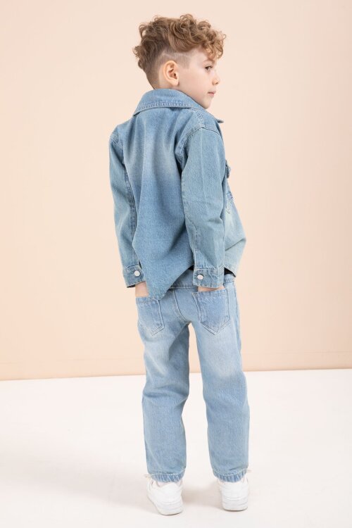 Mavi Düğmeli Jean Ceketli Pantolonlu Erkek Çocuk 3lü Takım 23628