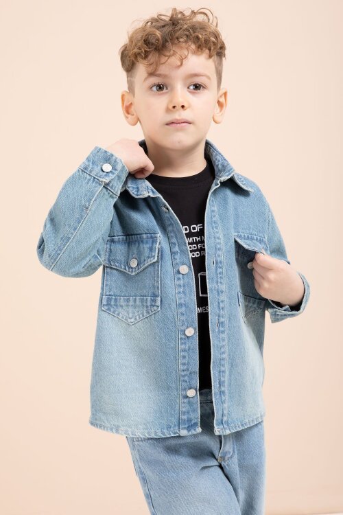 Mavi Düğmeli Jean Ceketli Pantolonlu Erkek Çocuk 3lü Takım 23628