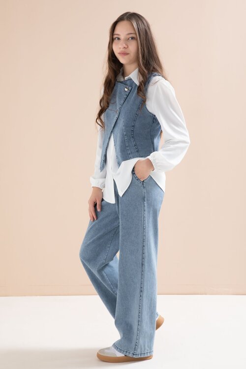 Mavi Düğmeli Jean Yelekli ve Pantolonlu Kız Çocuk Gömlekli 3lü Takım 23598