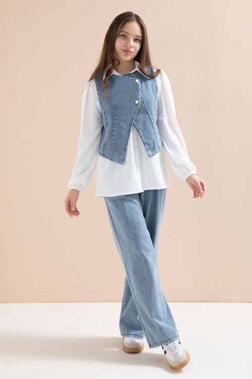 Mavi Düğmeli Jean Yelekli ve Pantolonlu Kız Çocuk Gömlekli 3lü Takım 23598