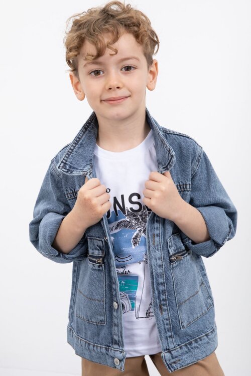 Mavi Fermuar Cepli Jean Ceketli Erkek Çocuk Pantolonlu 3lü Takım 20019